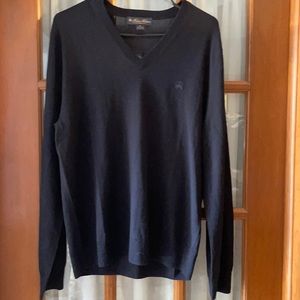 Navy Blue Merino Wool V-neck Sweater - Medium